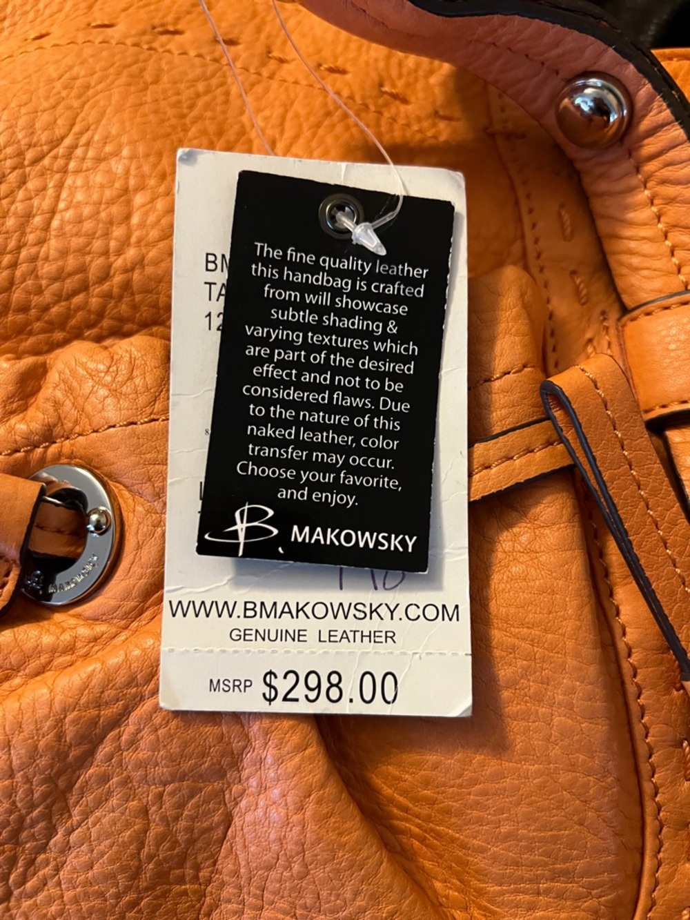 🔥B. Makowsky Orange Leather Drawstring Tote Shoulder Bag - Picture 7 of 7